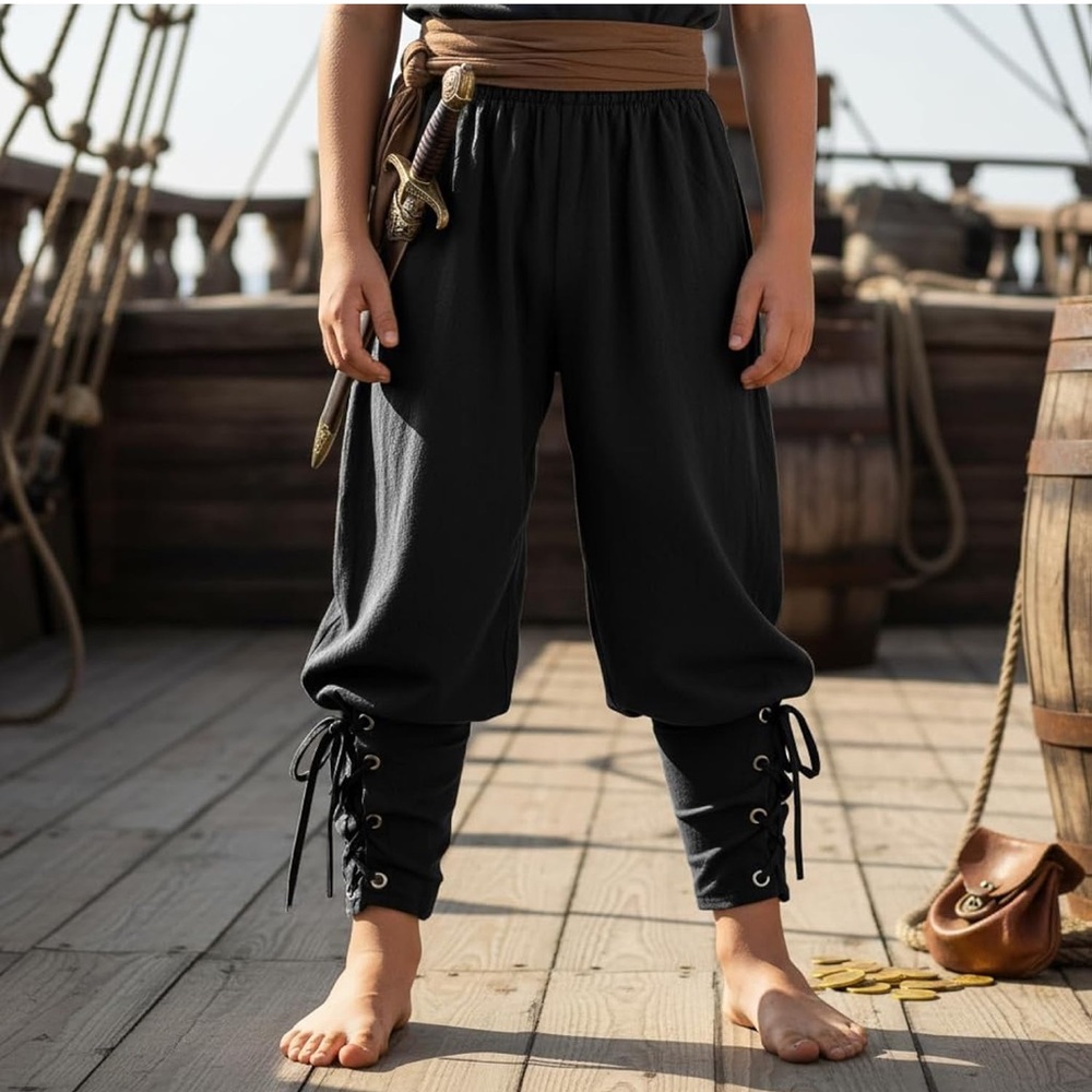 Kids Renaissance Ankle Banded Pirate Pants Medieval Viking Lace Up Tapered Black